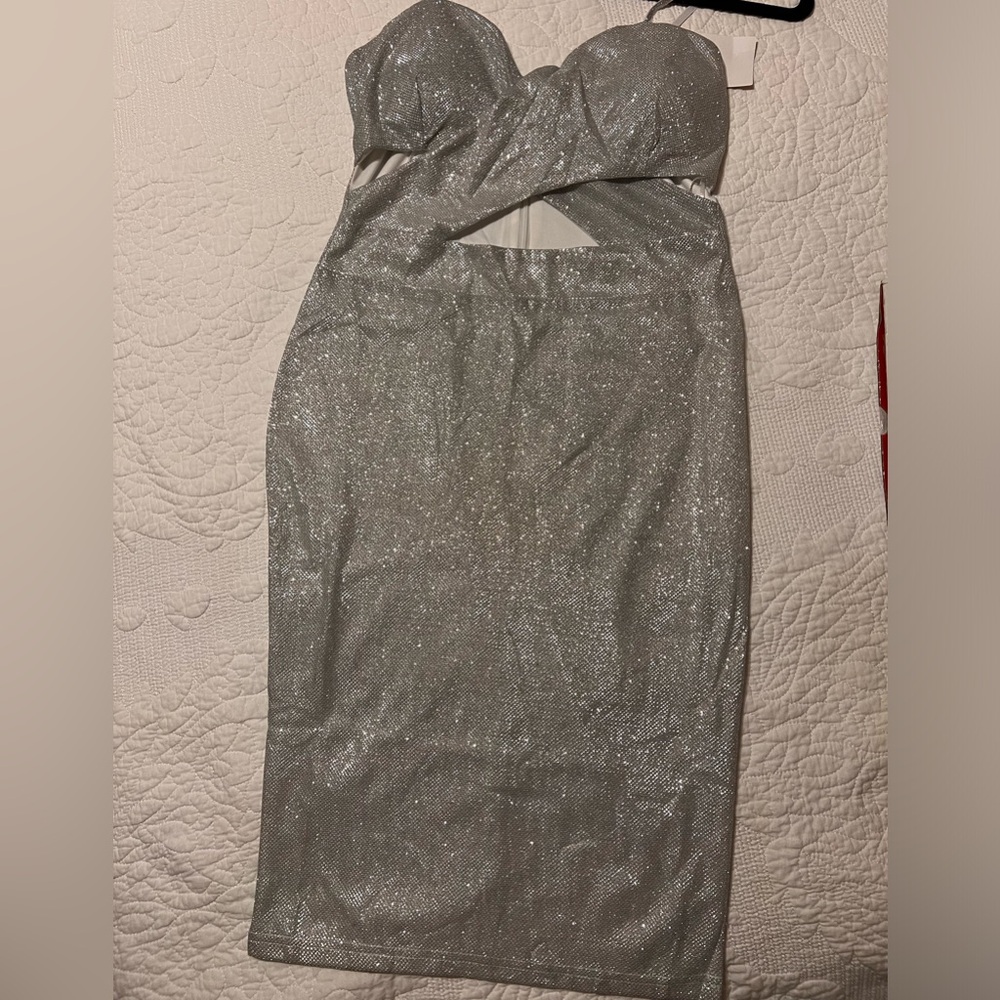 Hello Miss Silver Glitter Cut Out Party Dress Size M